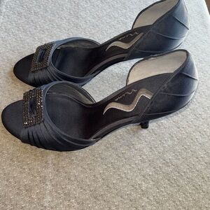 Nina Gray Peep-Toe Heels with Rhinestone Buckle